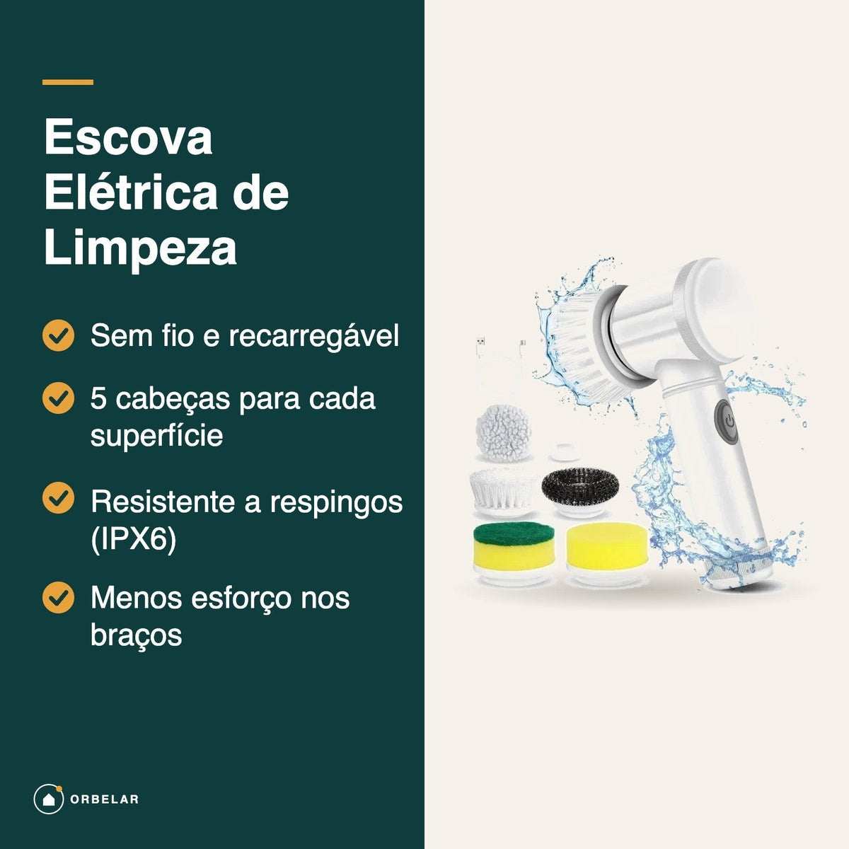 Benefícios da escova elétrica de limpeza: sem fio, 5 cabeças e resistente a respingos (IPX6)