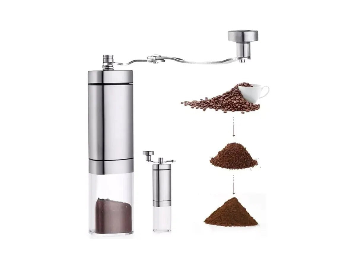 Moedor de café manual com grãos de café e café moído em diferentes espessuras