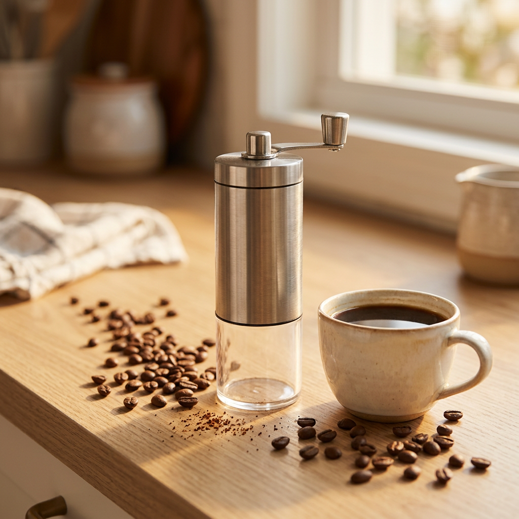 Moedor de café manual em inox na bancada da cozinha, ao lado de uma xícara de café