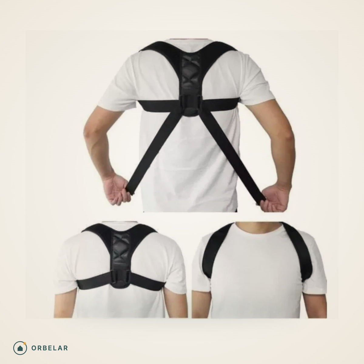 Corretor de Postura preto vestido, visto de costas e de frente