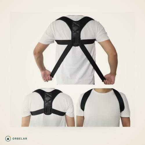Corretor de Postura preto vestido, visto de costas e de frente