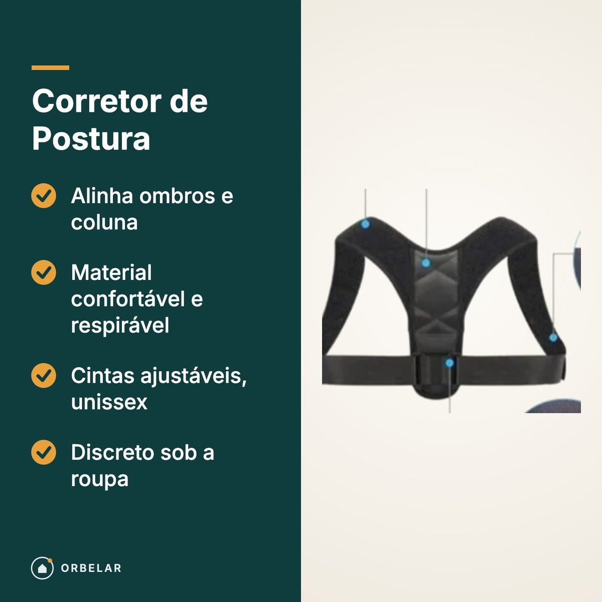 Corretor de Postura: alinha ombros e coluna, material respirável, cintas ajustáveis