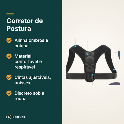 Corretor de Postura: alinha ombros e coluna, material respirável, cintas ajustáveis