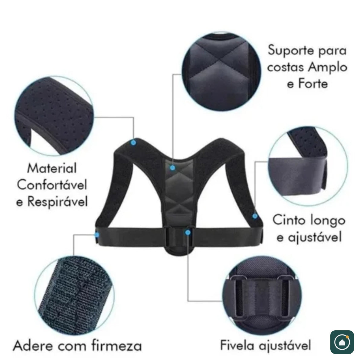 Detalhes do Corretor de Postura: suporte amplo, cinto longo e fivela ajustável