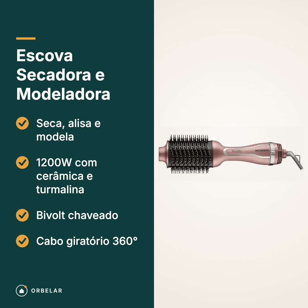 Escova Secadora: seca, alisa e modela, 1200W, bivolt