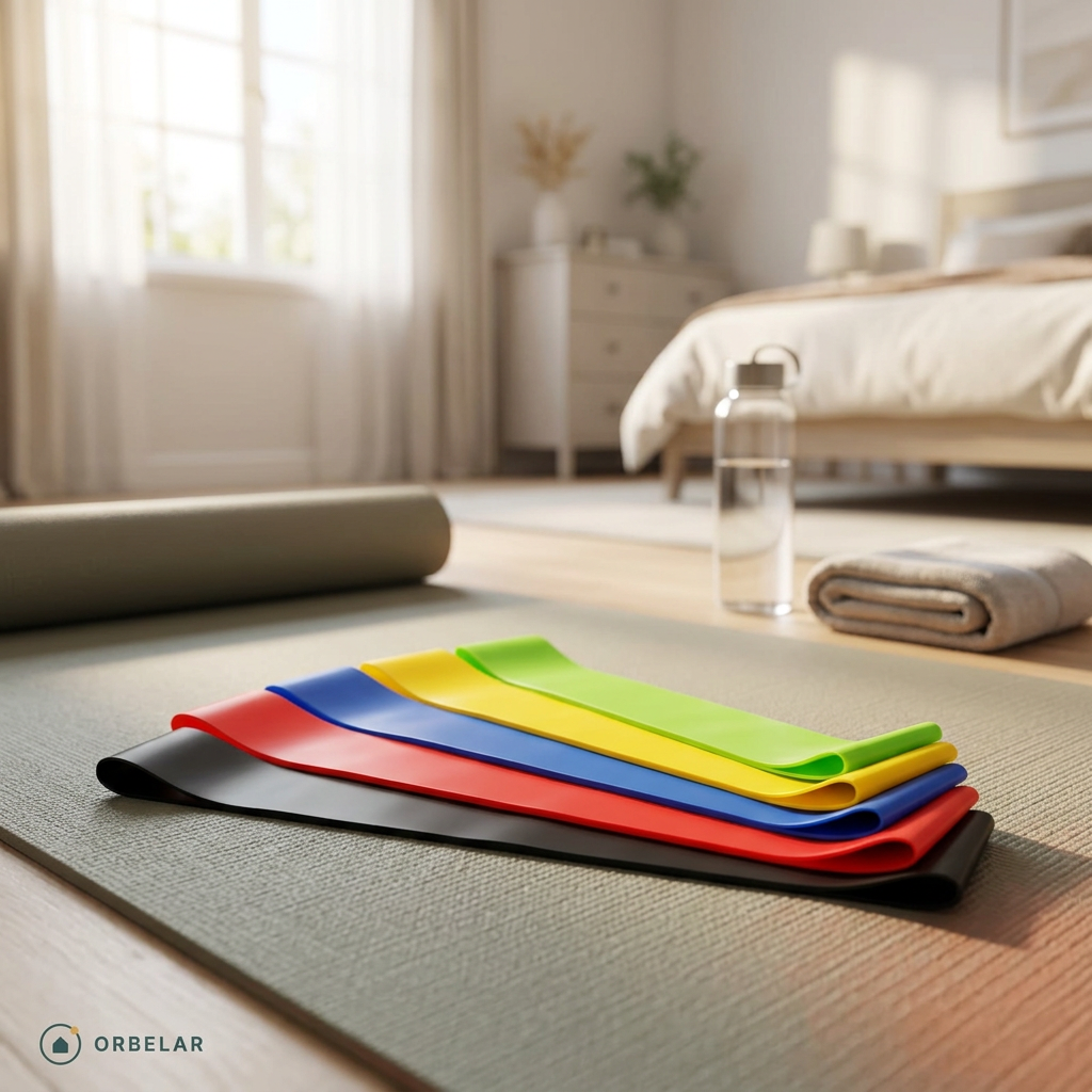 Kit de faixas elásticas coloridas sobre tapete de yoga no quarto