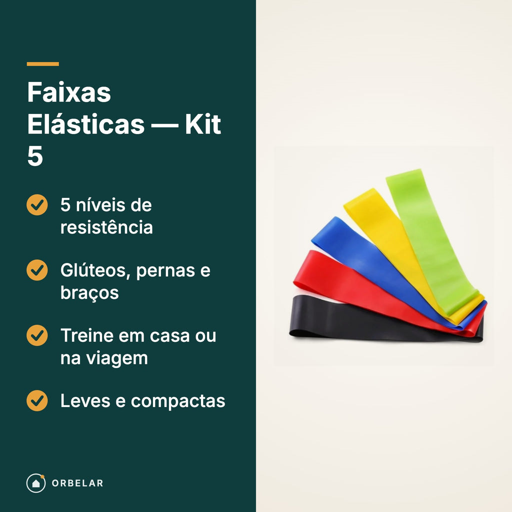Faixas Elásticas: 5 níveis de resistência para glúteos, pernas e braços