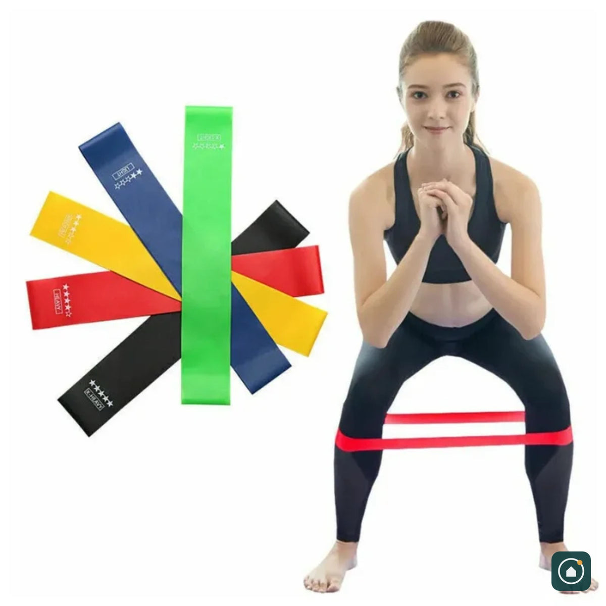 Mulher treinando agachamento com faixa elástica