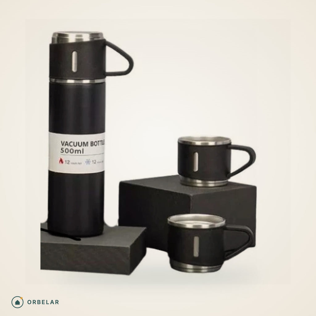 Kit Garrafa Térmica 500 ml preta com 3 xícaras