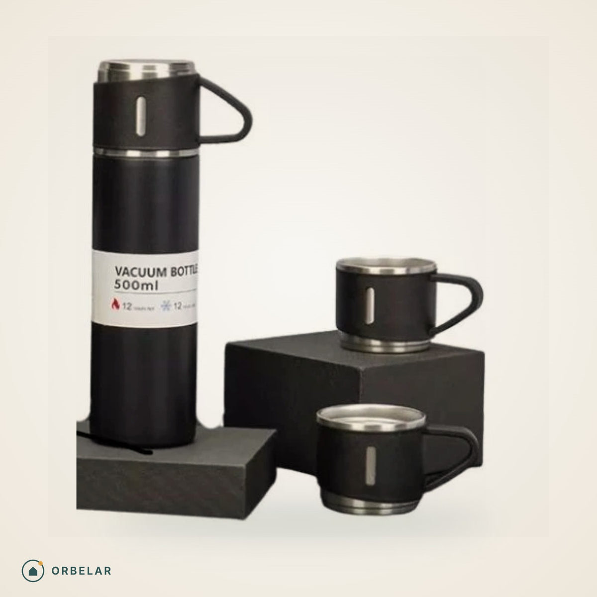 Kit Garrafa Térmica 500 ml preta com 3 xícaras