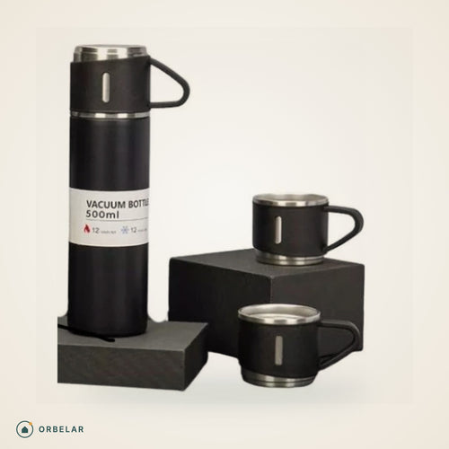 Kit Garrafa Térmica 500 ml preta com 3 xícaras