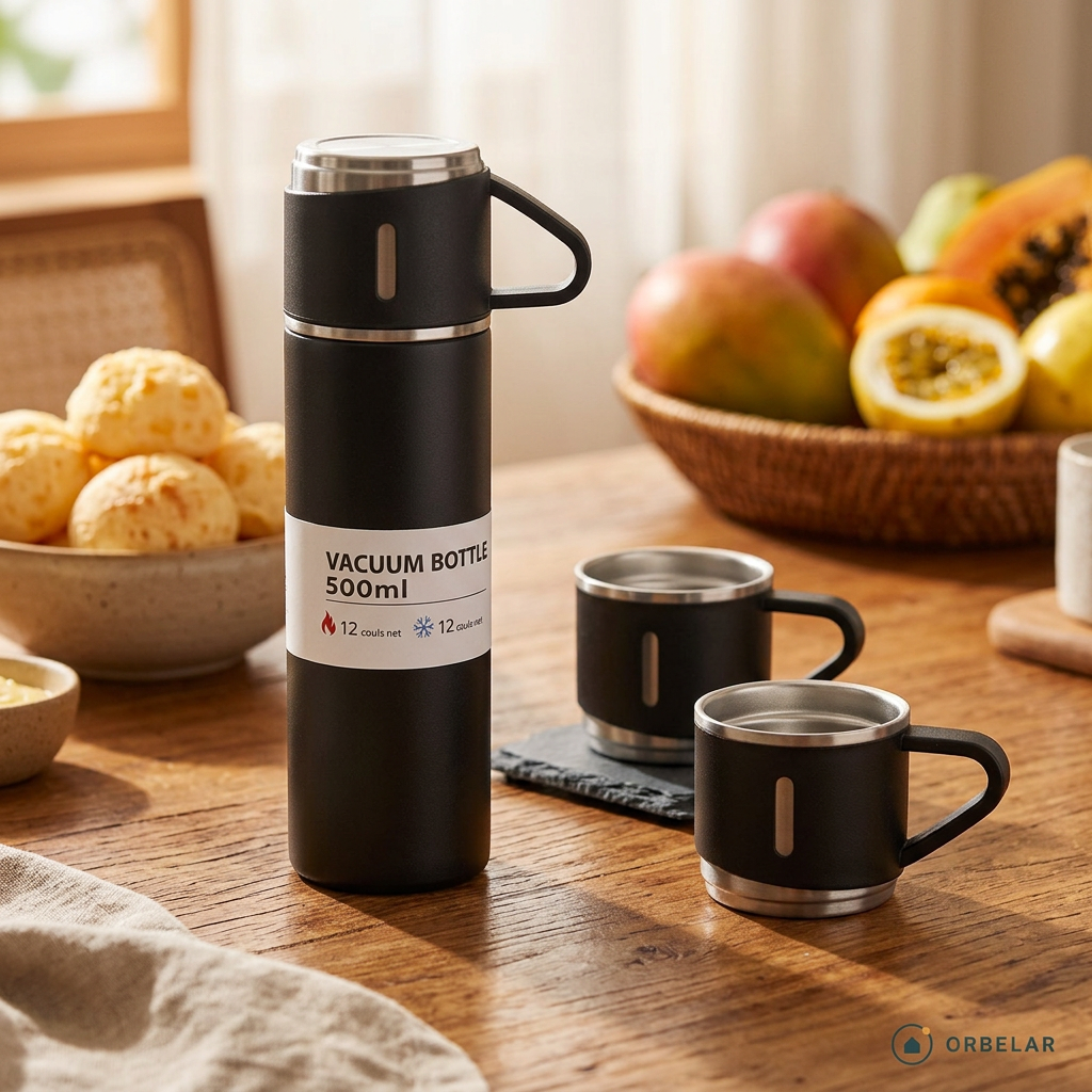 Kit Garrafa Térmica preta com xícaras na mesa de café da manhã