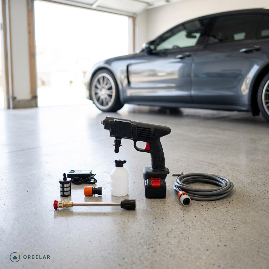 Kit da lavadora de alta pressão portátil no piso da garagem