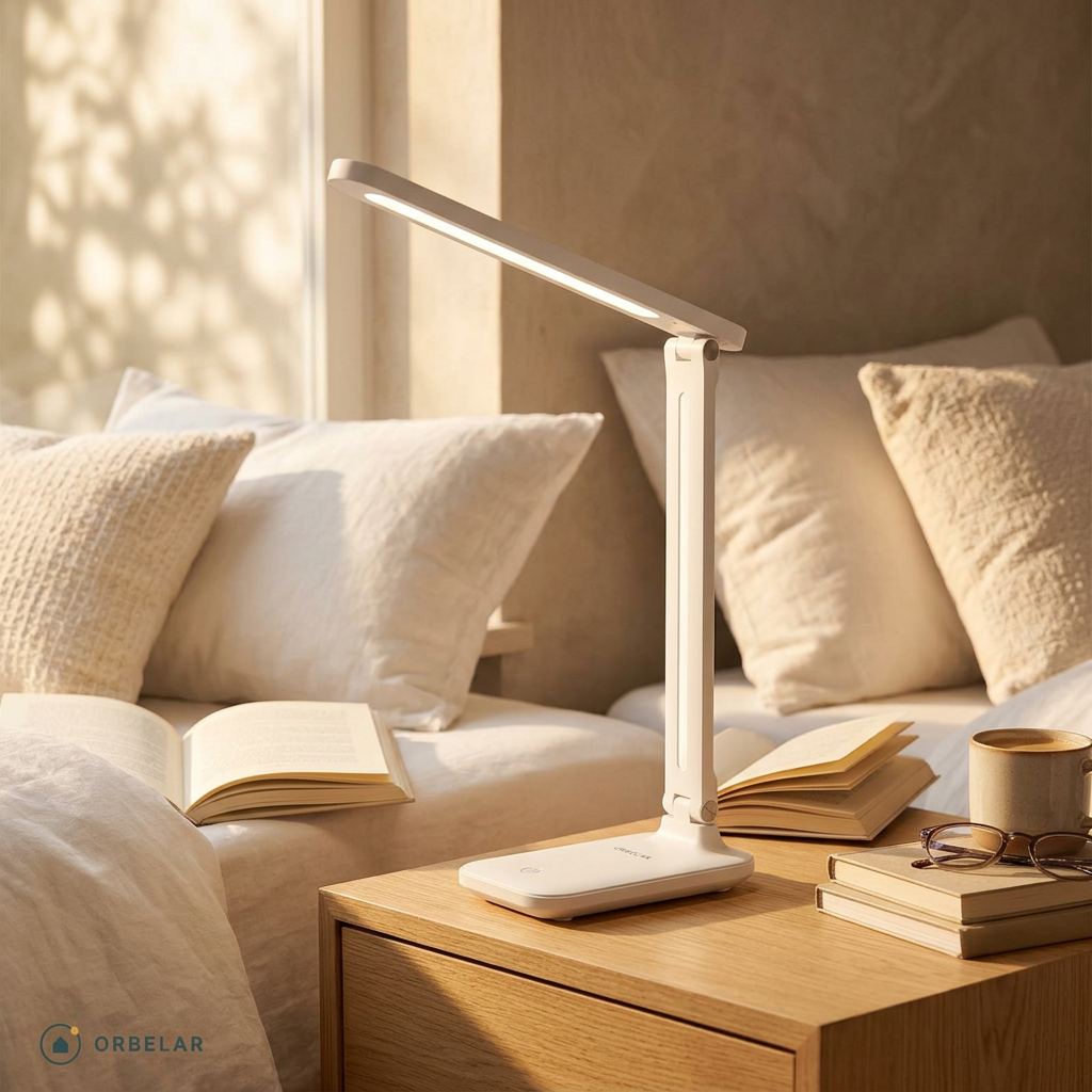 Luminária LED branca na mesa de cabeceira ao lado da cama