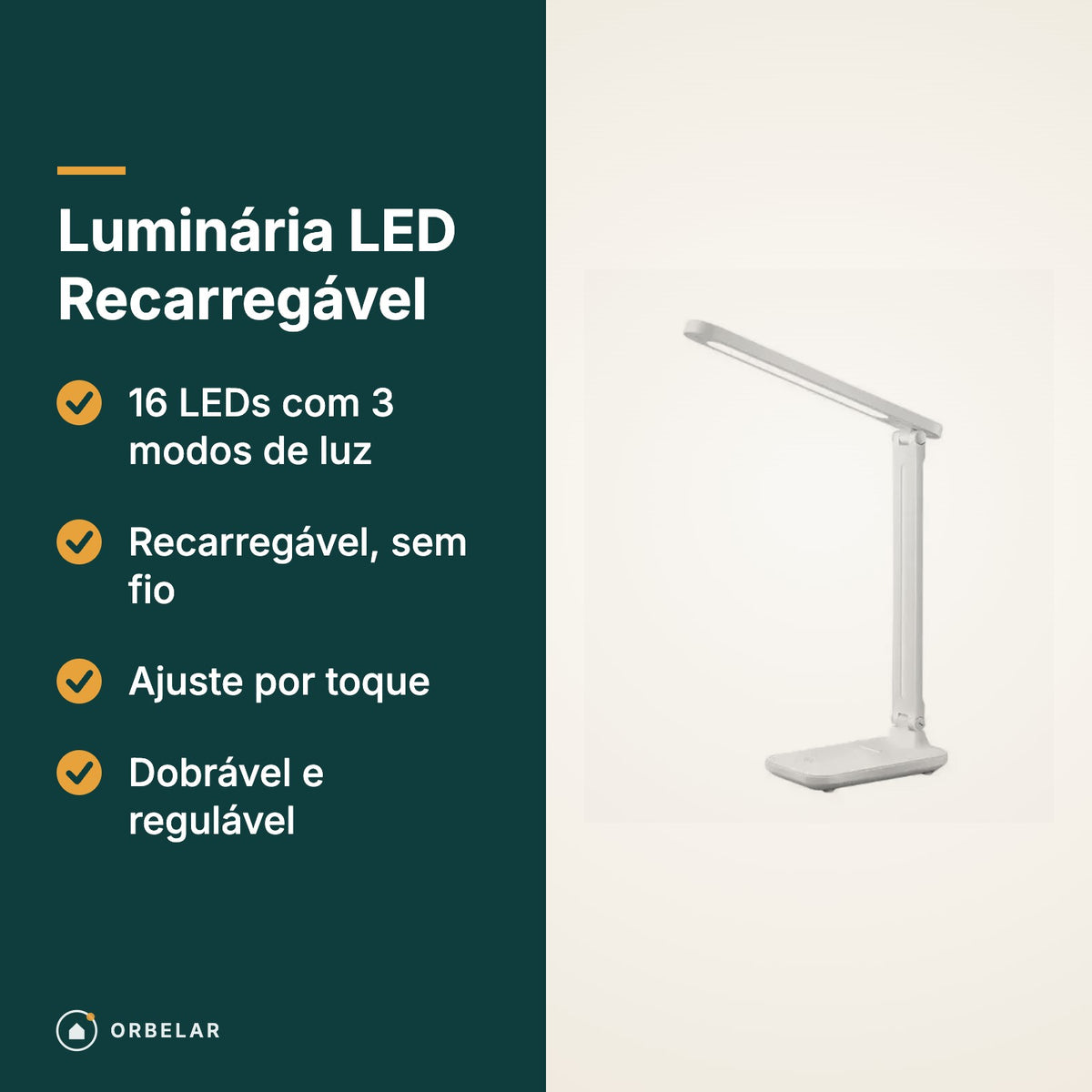 Luminária LED: 3 modos de luz, recarregável e dobrável