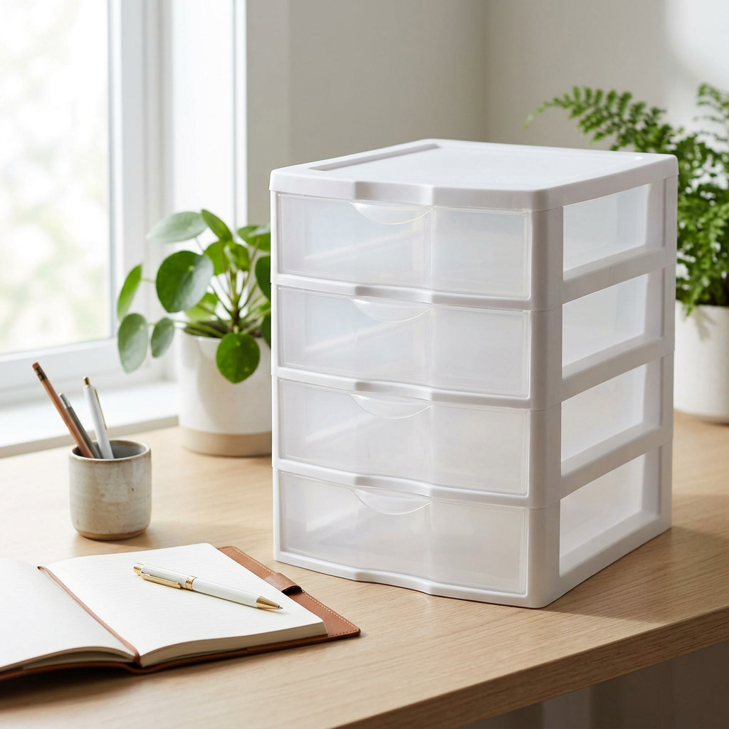 Organizador branco de 4 gavetas sobre escrivaninha em home office