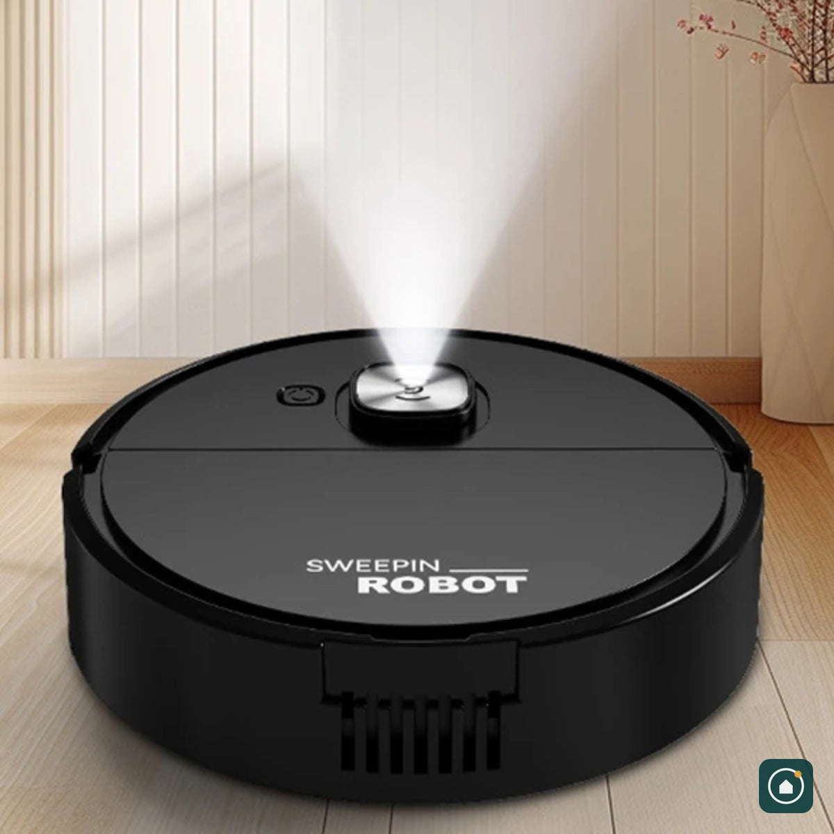 Robô Aspirador preto limpando o piso da sala