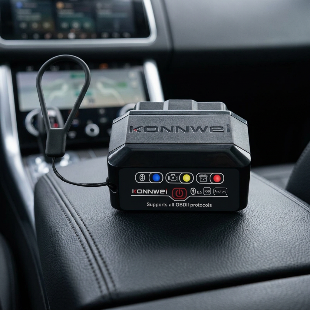 Scanner OBD2 Bluetooth sobre o console de um carro