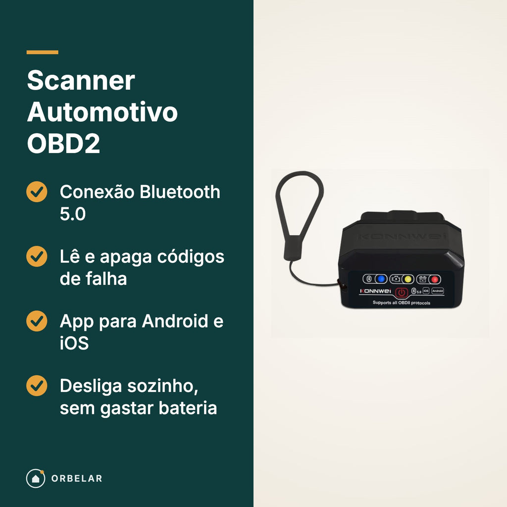 Scanner OBD2: Bluetooth 5.0, lê e apaga códigos de falha, app Android e iOS