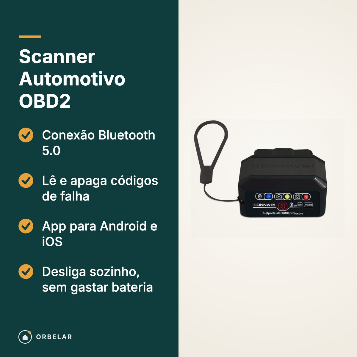 Scanner OBD2: Bluetooth 5.0, lê e apaga códigos de falha, app Android e iOS