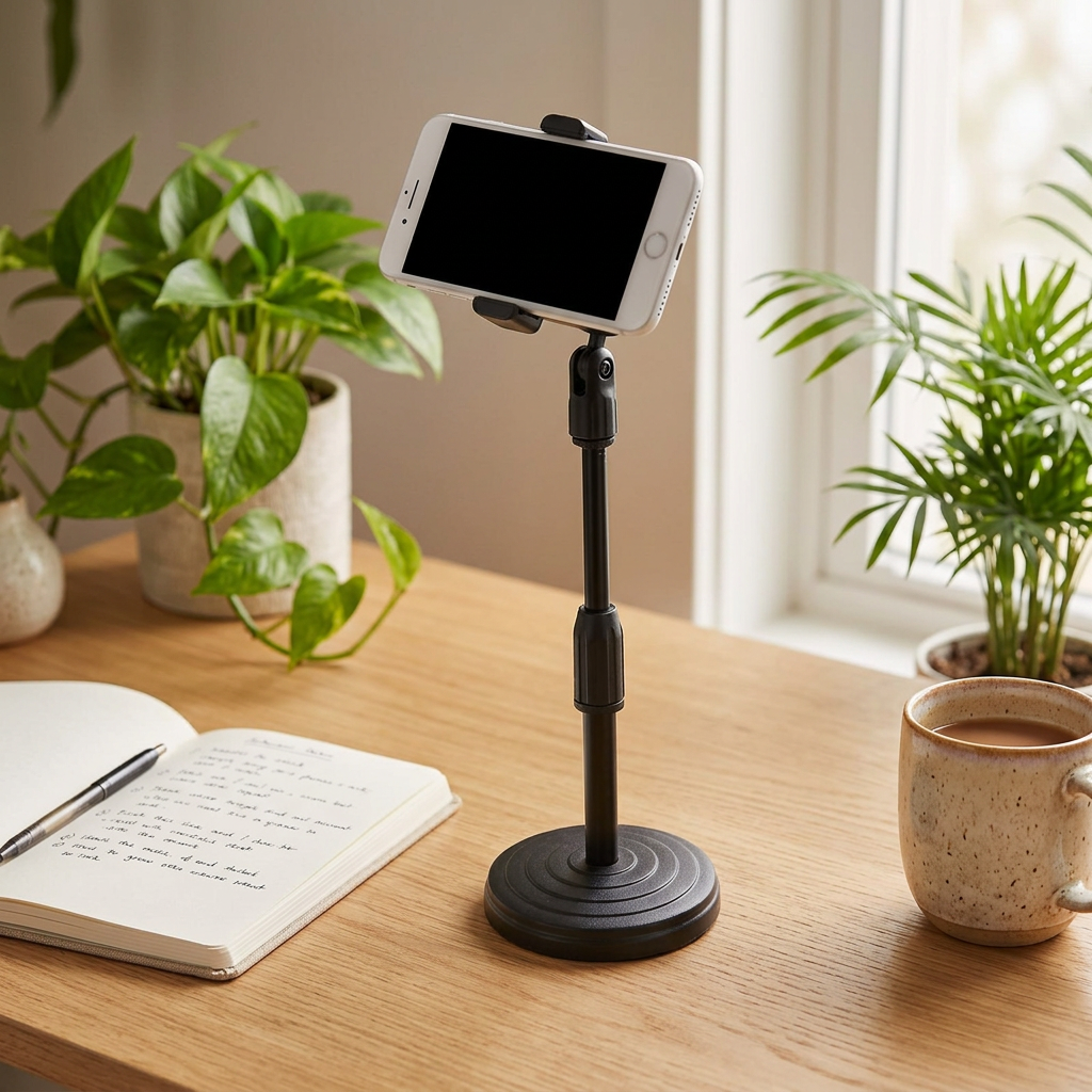 Suporte de mesa para celular sobre escrivaninha de madeira em home office