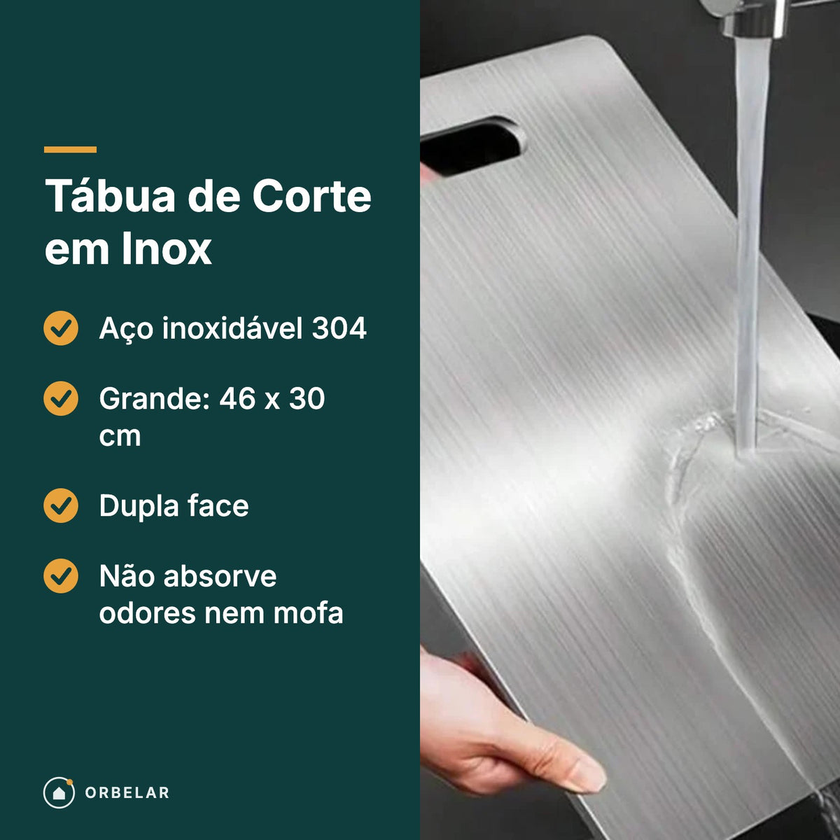 Tábua de Corte Inox: aço 304, 46 x 30 cm, dupla face
