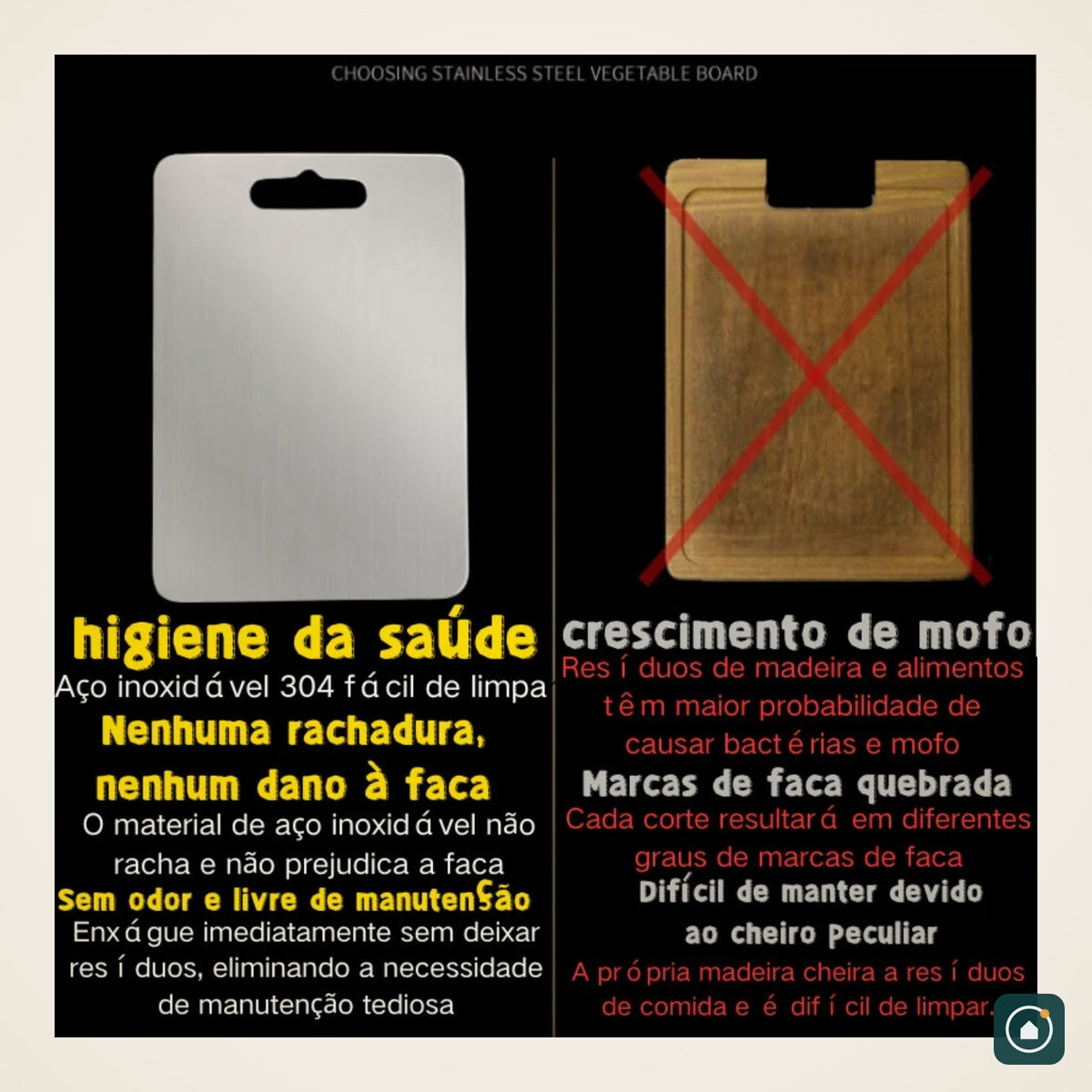 Comparação de higiene: tábua de inox versus tábua com mofo