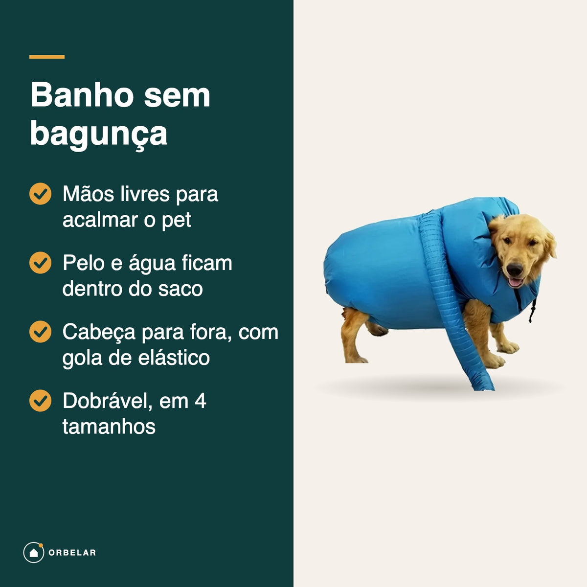 Benefícios do saco de secagem pet: mãos livres, pelo e água dentro do saco, cabeça para fora e 4 tamanhos